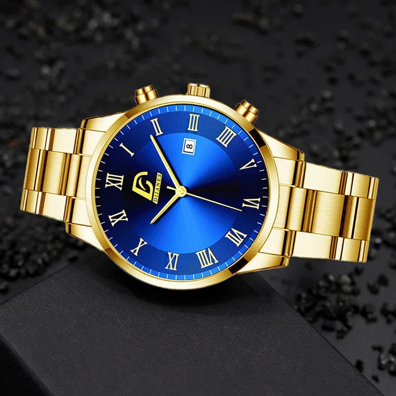 Relojes de acero inoxidable dorados a la moda para Hombre, Reloj de pulsera de cuarzo minimalista de lujo, Reloj con calendario informal de negocios para Hombre