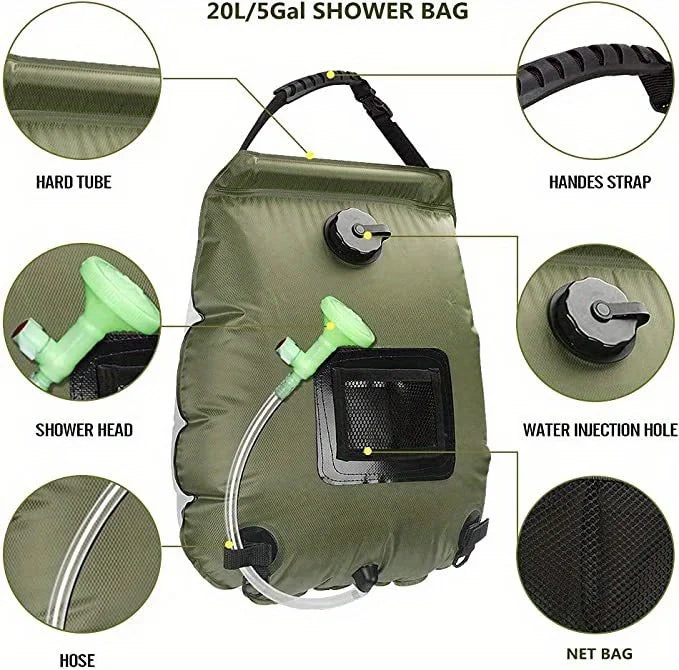 Bolsa de ducha para acampar con calefacción solar de 5 galones: bolsa de baño portátil, adecuada para viajes al aire libre, escalar, senderismo, playa y nadar
