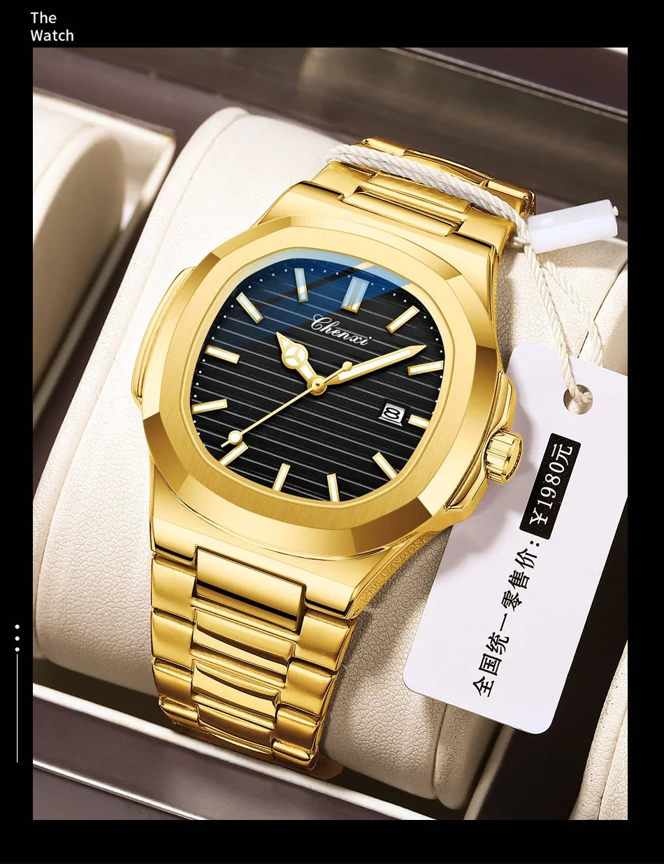 CHENXI 8222 reloj de negocios informal luminoso de acero inoxidable dorado de lujo para hombres relojes de pulsera de cuarzo de moda resistente al agua