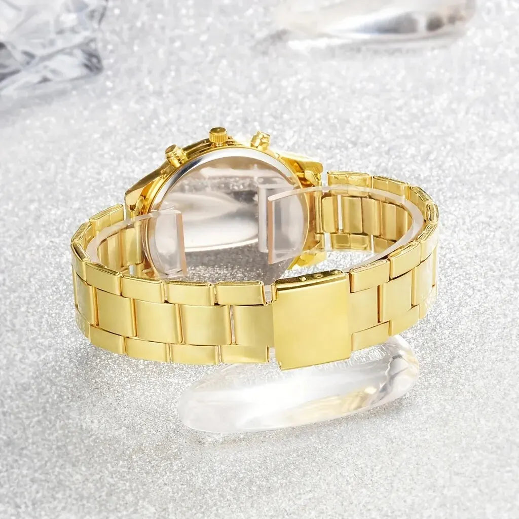Juego de 5 piezas de reloj de oro para mujer, anillo de lujo, collar, pendientes, diamantes de imitación, reloj de pulsera de moda, relojes casuales para mujer, conjunto de pulsera
