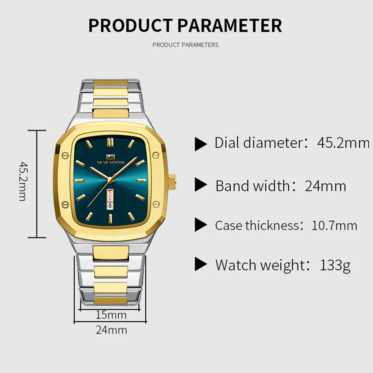 2024 nuevo reloj para hombre, correa cuadrada de acero inoxidable a la moda, oro azul, 3Bar, calendario semanal de cuarzo, reloj de pulsera deportivo de negocios simulado