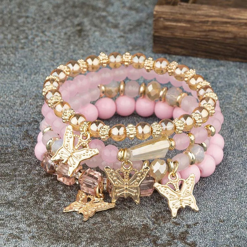 Conjunto de pulsera con cuentas de mariposa para mujer, brazalete de cadena elástica con cuentas acrÃlicas rosas, regalo de joyas de fiesta bohemia, 4 Uds.