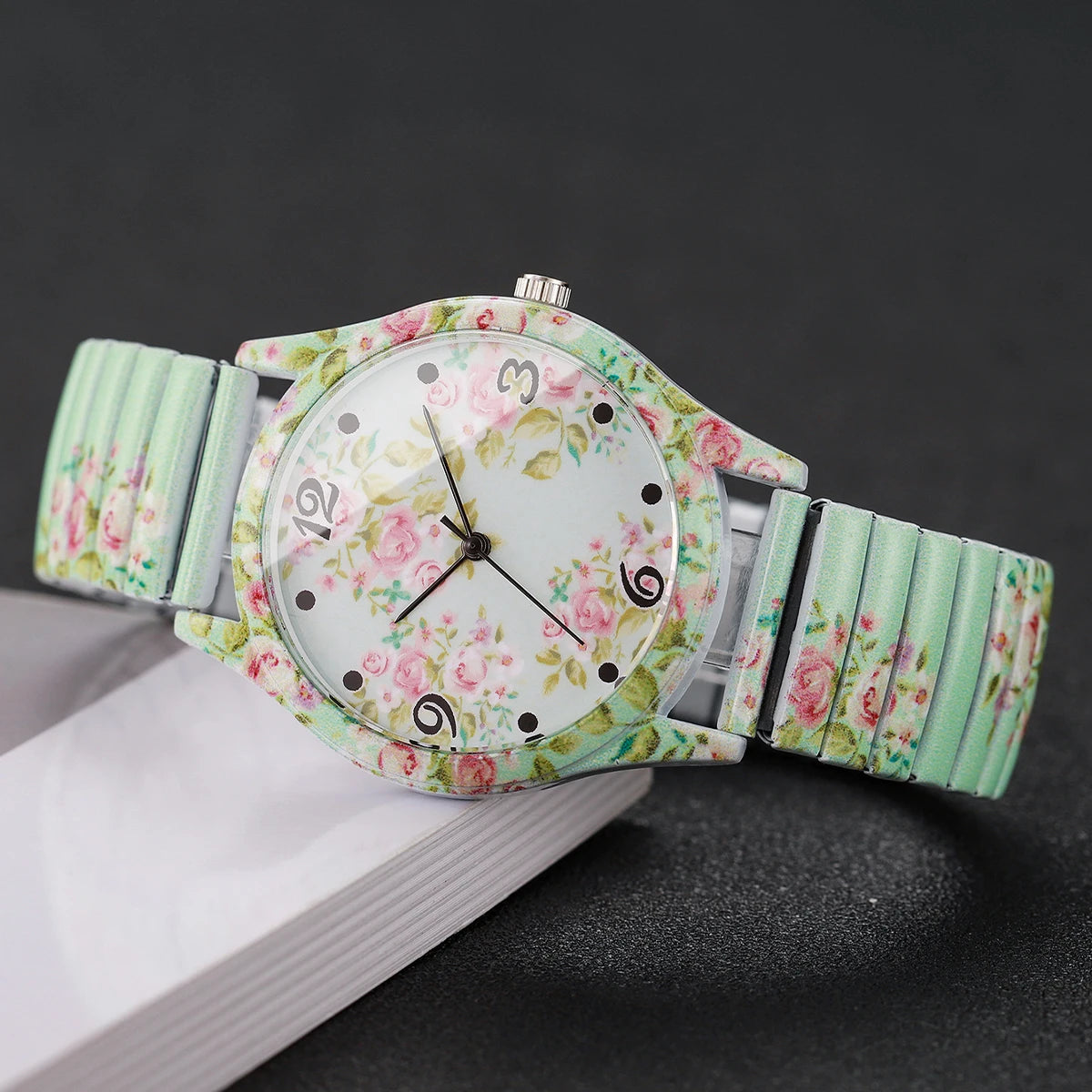 2/3 Uds. Conjunto de relojes de pulsera de cuarzo con estampado de flores a la moda para mujer, reloj con esfera árabe con correa elástica informal para mujer (sin caja)