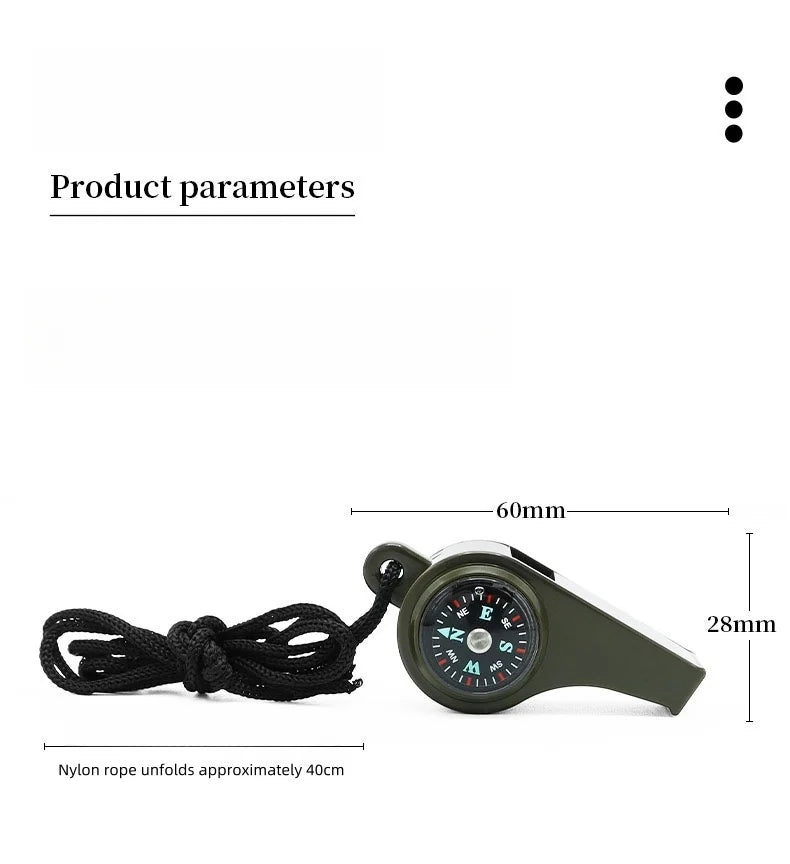 Silbato 3 en 1 para acampar, equipo de supervivencia de emergencia, brújula, termómetro para exteriores, necesita Color verde militar con cuerda