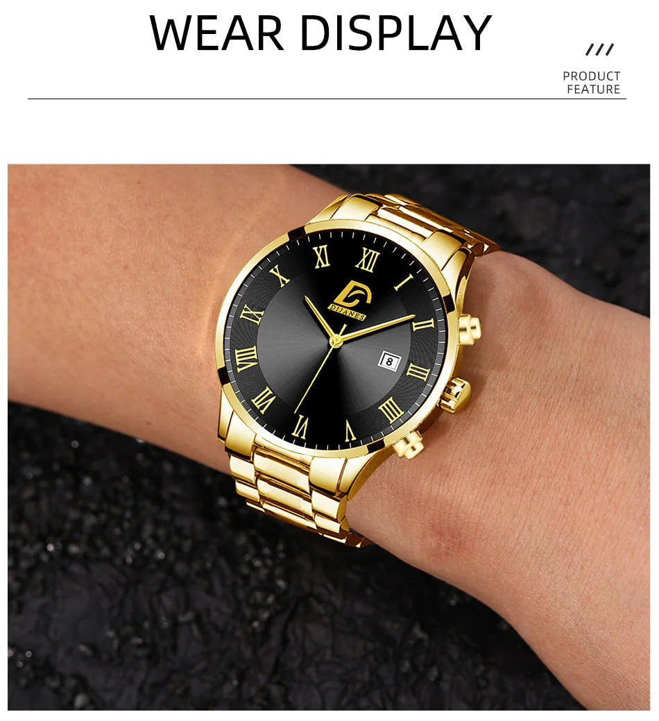 Relojes de acero inoxidable dorados a la moda para Hombre, Reloj de pulsera de cuarzo minimalista de lujo, Reloj con calendario informal de negocios para Hombre