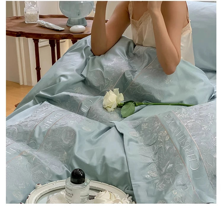 Juego de cama de algodón de grapa larga de 100 unidades, funda nórdica bordada con patrones de flores y plantas, Sábana bajera tamaño Queen TwinFull