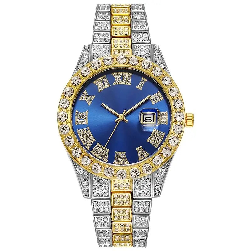 Reloj de cuarzo con correa de acero dorado para hombre, cronógrafo clásico de lujo, con calendario de diamantes de imitación, a la moda