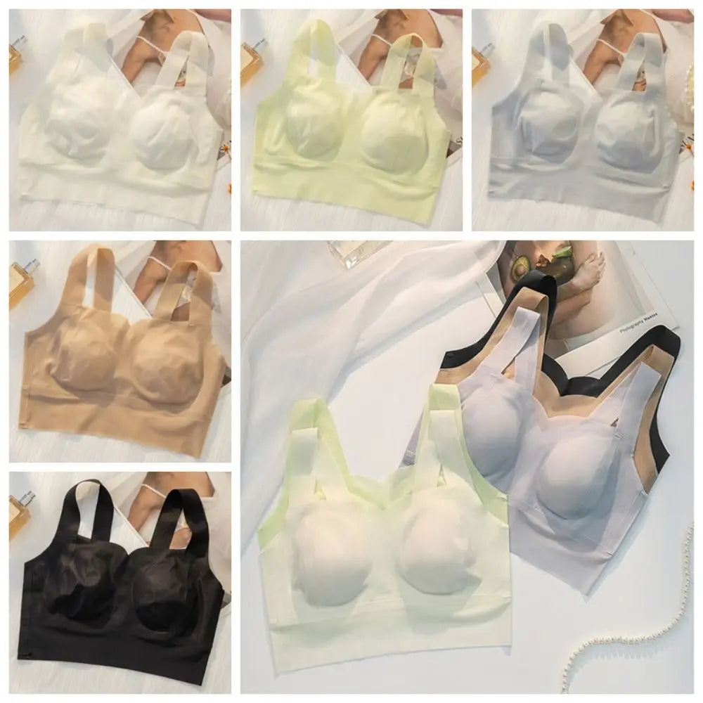 Sujetador ultrafino inalámbrico con escote en V profundo para mujer, sujetador sin costuras con pechos recogidos de seda helada, lencería de Copa grande, sujetadores push-up, regalos