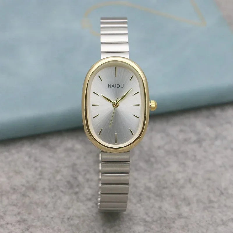 Reloj de cuarzo ovalado con esfera pequeña para mujer, correa de bambú de acero inoxidable, reloj de pulsera de regalo de lujo a la moda para estudiantes y niñas, envío directo