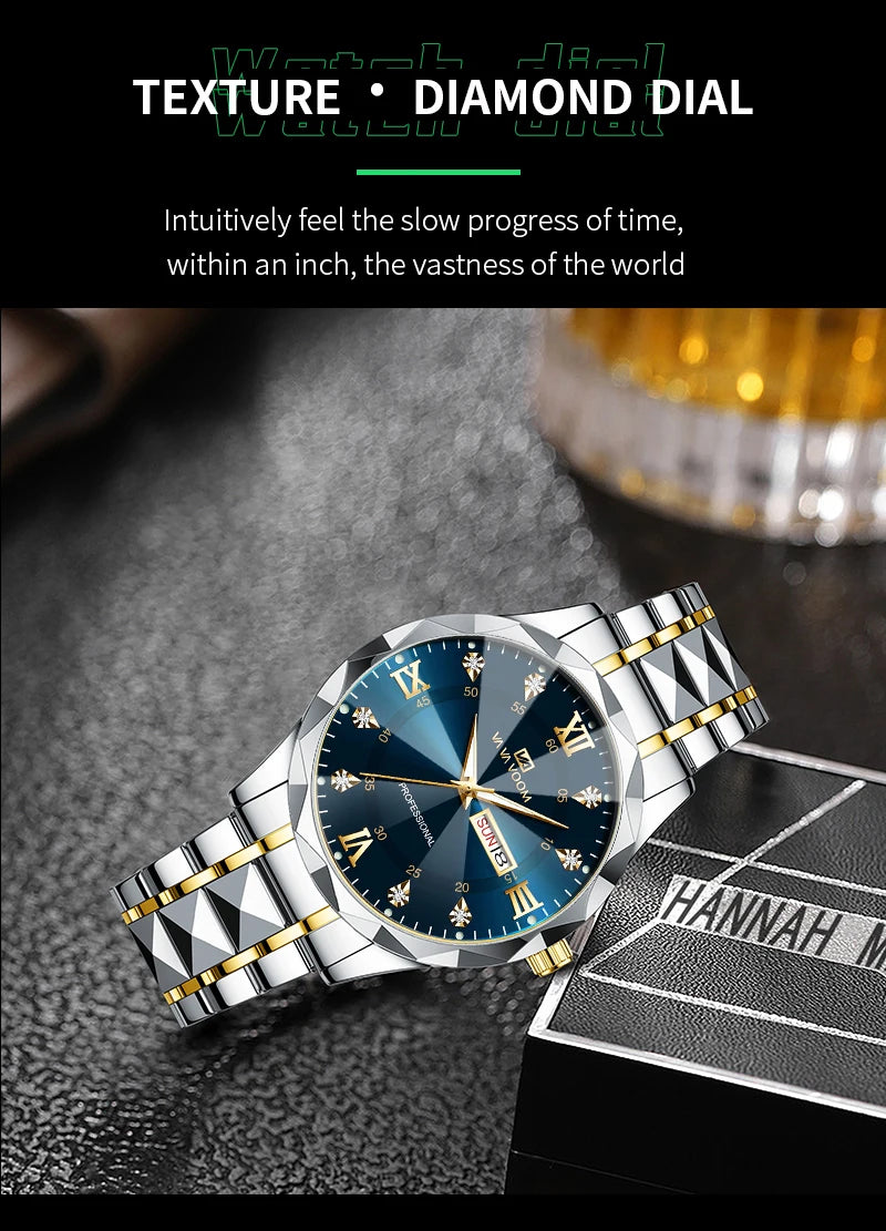 Reloj para hombre con diamantes de agua, lujo, brillo nocturno, doble calendario, movimiento de cuarzo, 41mm, oro azul, acero inoxidable, reloj de negocios de moda