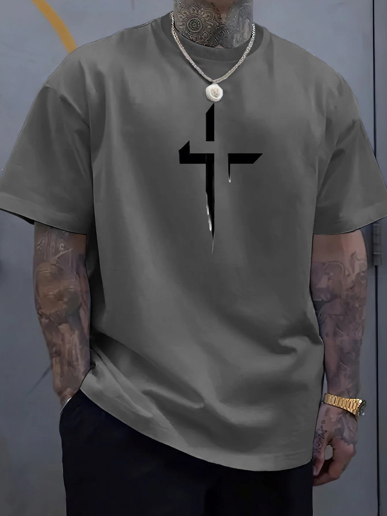 Camiseta de manga corta con cuello redondo para hombre, 100% de algodón puro, informal, holgada, de talla grande, con estampado creativo cruzado, deportiva, cómoda, de verano