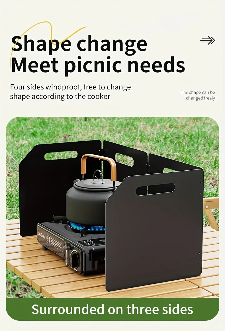Parabrisas plegable portátil para estufa de acampada, protección contra el viento de metal rectangular de 4 lados, acabado recubierto de polvo