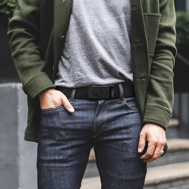 Cinturón para hombre con hebilla de Metal automática, correas de nailon de imitación, cinturón de trabajo al aire libre, hebilla automática sin dientes, cinturón de lona deportivo informal