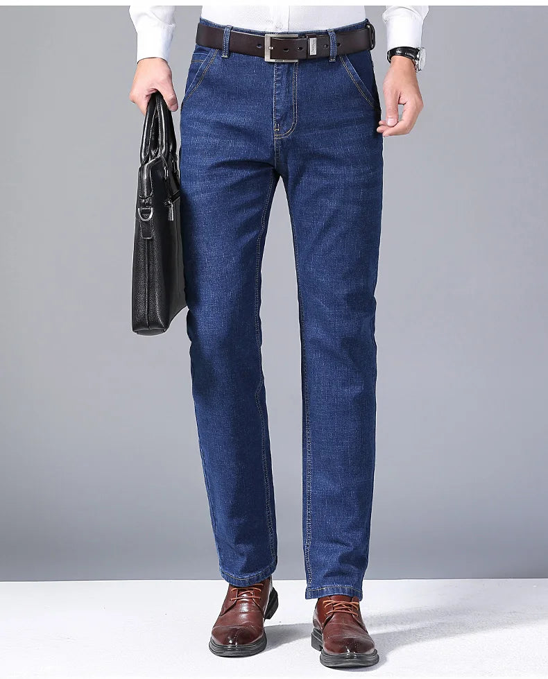 Nuevos pantalones ligeros de lujo elásticos ajustados para hombre, cómodos y suaves pantalones vaqueros informales rectos a la moda de negocios, ropa de marca masculina