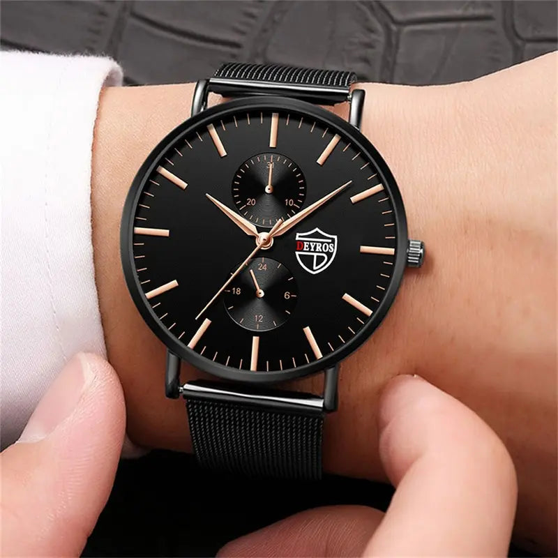 Reloj de pulsera de cuarzo de moda ultra fino para hombre reloj de pulsera de cuarzo de lujo negro de malla de acero inoxidable reloj de hombre