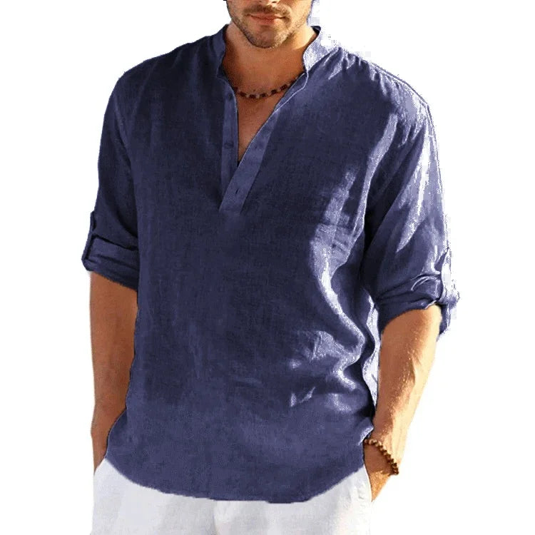 Nueva camiseta de manga larga de lino para hombre, camisa holgada informal transpirable de Color sólido, camisas de algodón para hombre, ropa de calle ligera de diseñador