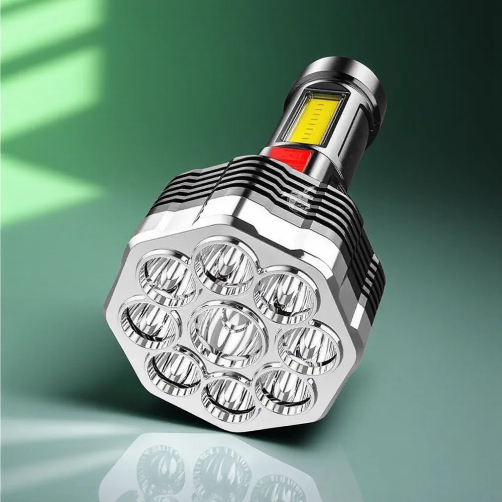 Portable 9-Core USB Rechargeable LED Flashlight Dual Light Source Camping Hiking Outdoor Multi-Use Light