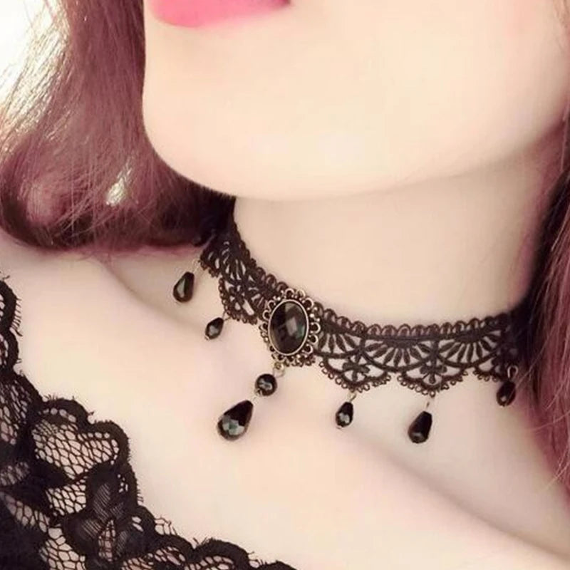 Nuevas gargantillas góticas sexis, gargantilla de cuello de encaje negro de cristal, collar Vintage victoriano para mujer, joyerÃa Steampunk