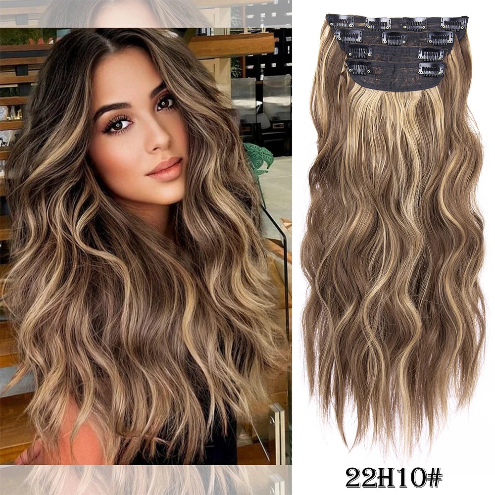 4 unids/set 20 pulgadas Clip de pelo sintético en postizos gruesos y largos ondulados para mujeres extensiones de cabello sintético de cabeza completa postizos ombré