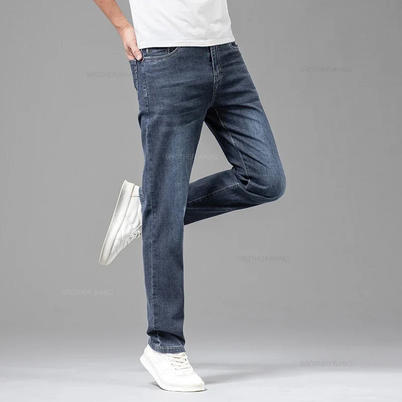 Pantalones vaqueros finos de algodón elástico para hombre, pantalón informal, recto, cómodo, color gris, a la moda, para verano