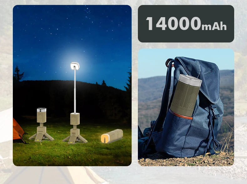 Linterna de Camping de 14000mAh, iluminación telescópica recargable, soporte magnético con altavoz, linterna LED portátil impermeable para exteriores