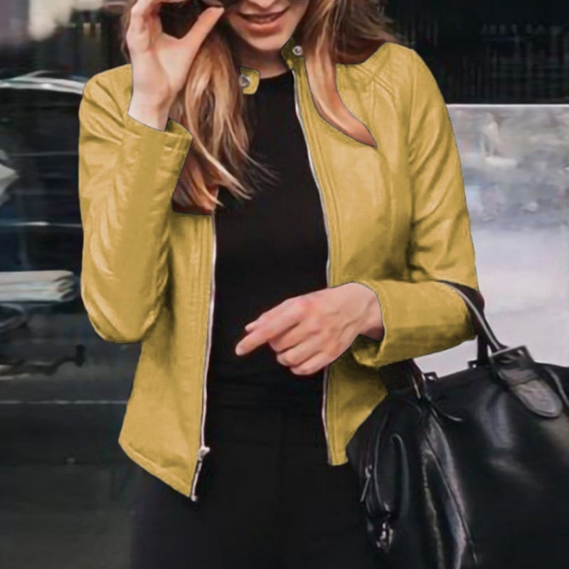 Chaqueta ajustada de piel sintética para mujer, chaqueta clásica de motociclista de PU, abrigo básico con cremallera para primavera y otoño