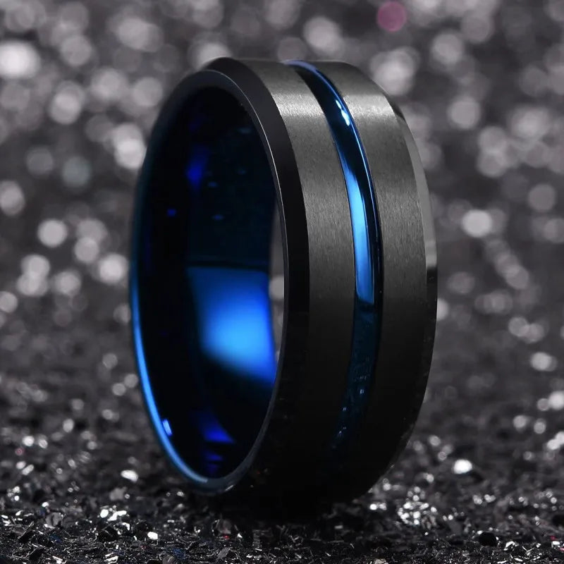 Anillos de boda de tungsteno negro de 8mm a la moda para hombre, anillo de compromiso con borde biselado y ranura negra para regalos de San ValentÃÂn, joyerÃÂa