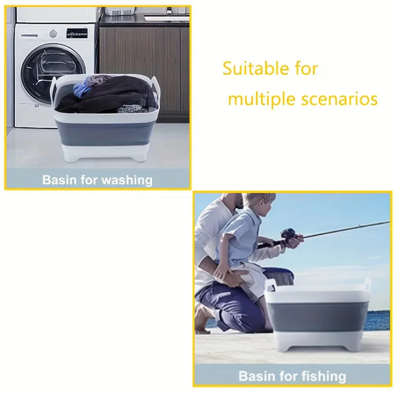 Un dispositivo de almacenamiento de agua portátil diseñado para acampar al aire libre, equipado con orificios de drenaje, lavabo plegable y para lavar verduras.