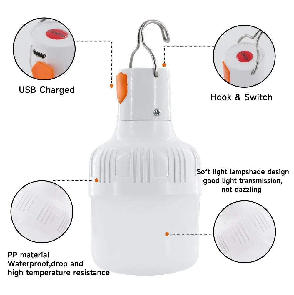 Luz de emergencia de 60W, suministros para acampar al aire libre, Edc, bombilla LED recargable por USB para exteriores, linterna para senderismo, entretenimiento deportivo