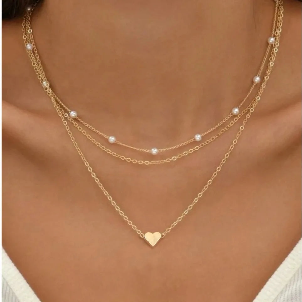 FTCY-Conjunto de collar de perlas para mujer, 3 uds., oro de 14 quilates, colgante de corazón de amor a la moda, resistente al agua, hipoalergénico, cadena para el cuello, joyerÃa