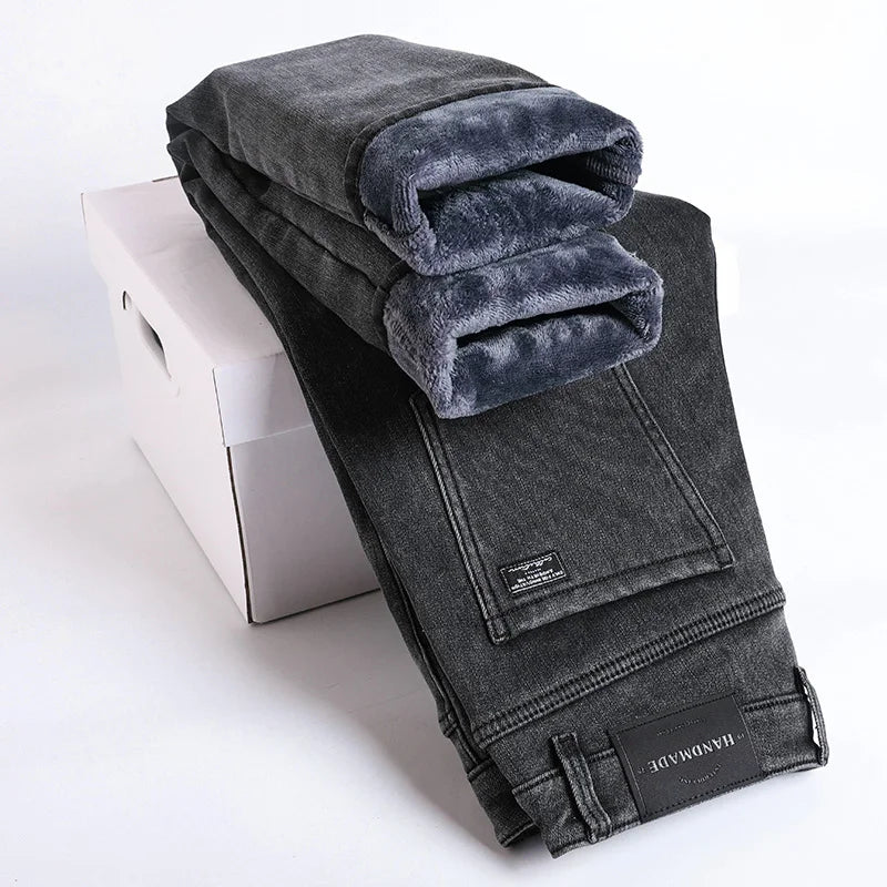 Pantalones vaqueros gruesos y cálidos de lana de invierno para hombre, pantalones vaqueros elásticos rectos ajustados, ropa informal para hombre, pantalones de felpa a la moda