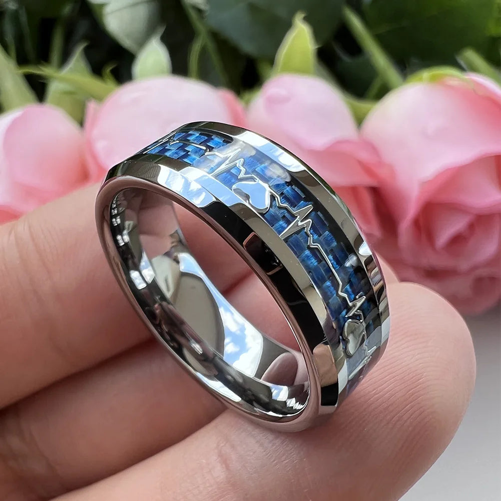 Anillos de compromiso de carburo de tungsteno con incrustaciones de corazón de fibra de carbono negra de 8mm a la moda, alianzas de boda con cúpula, pulido, brillante, ajuste cómodo