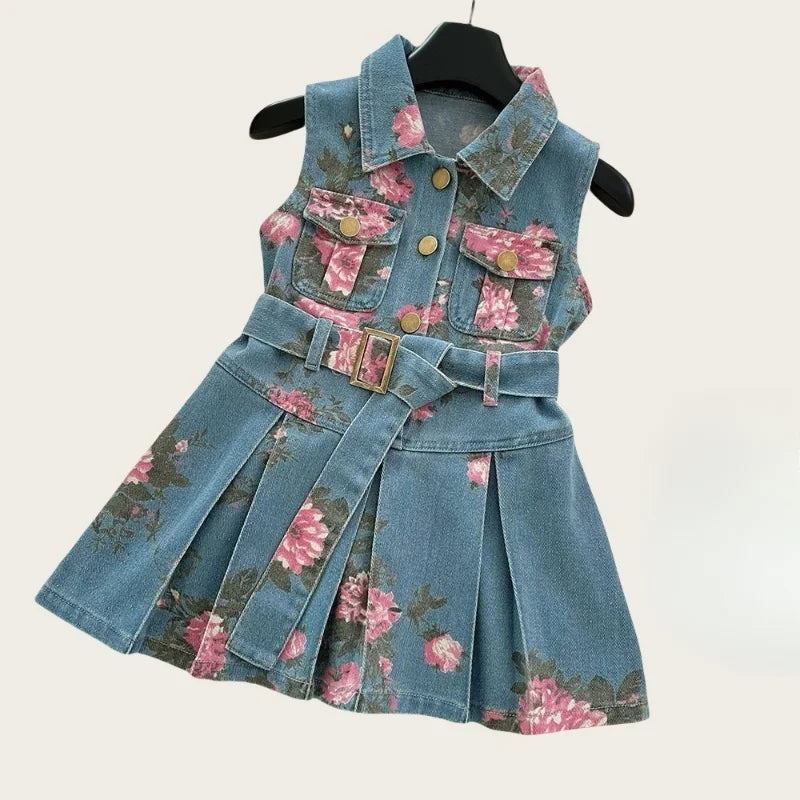 Vestido vaquero sin mangas con estampado Floral para niñas de 2 a 8 años, traje de verano a la moda con diseño elegante y cinturón
