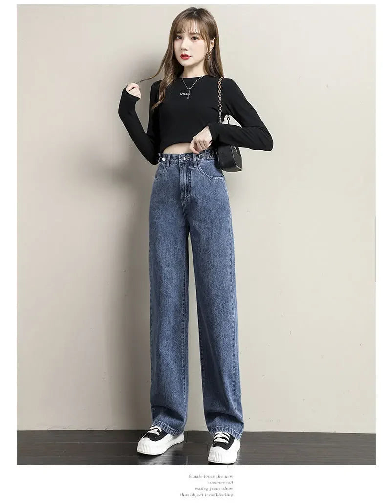 Pantalones vaqueros sueltos para mujer, diseño de cintura alta, entrepierna recta ajustable, pantalones de estilo Retro, tela de algodón, estilo informal cómodo