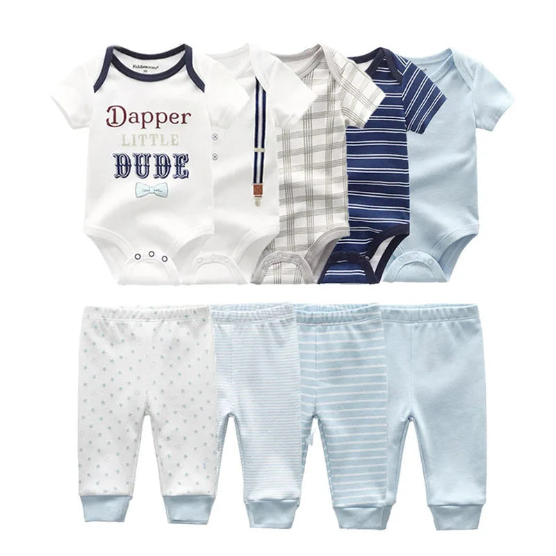9 unids/lote monos Unisex para recién nacidos + pantalones conjuntos de ropa de algodón de dibujos animados ropa para bebé (niño o niña)