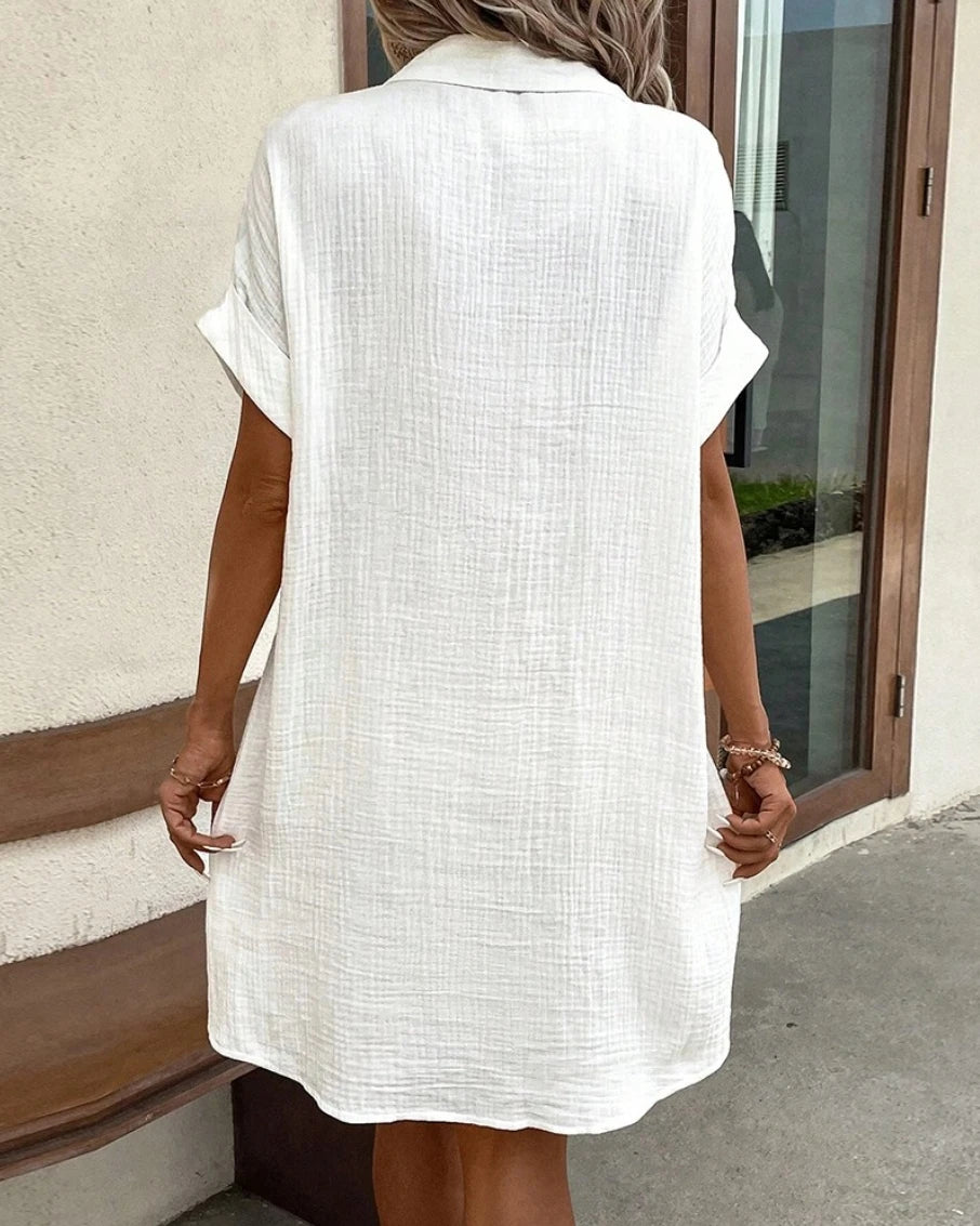 Minivestido Vintage liso para mujer, moda de verano con cuello en V, manga tres cuartos, vestido de lino y algodón, Vestidos informales para vacaciones