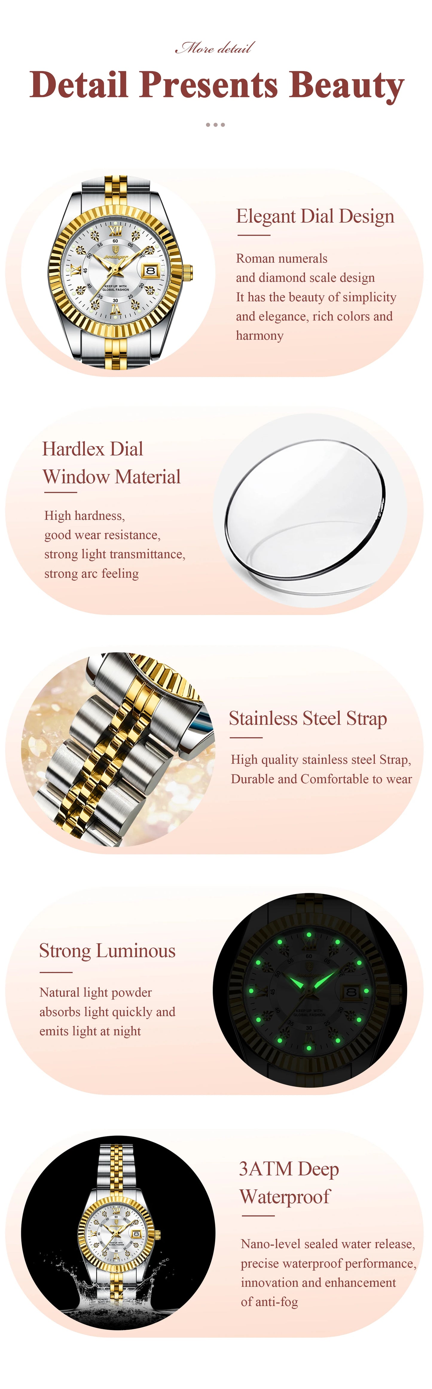 POEDAGAR, relojes de lujo para mujer, Reloj de pulsera resistente al agua con fecha luminosa para mujer, Reloj de cuarzo elegante de acero inoxidable para mujer, Reloj