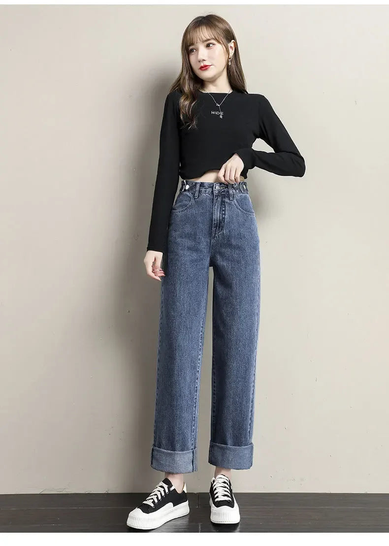 Pantalones vaqueros sueltos para mujer, diseño de cintura alta, entrepierna recta ajustable, pantalones de estilo Retro, tela de algodón, estilo informal cómodo