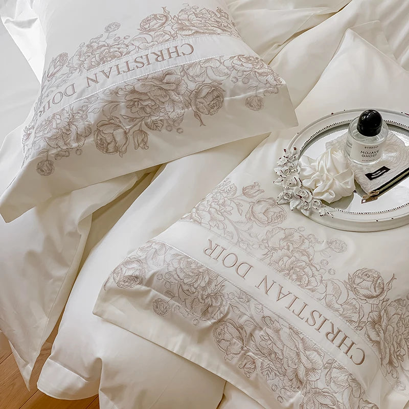 Juego de cama de algodón de grapa larga de 100 unidades, funda nórdica bordada con patrones de flores y plantas, Sábana bajera tamaño Queen TwinFull