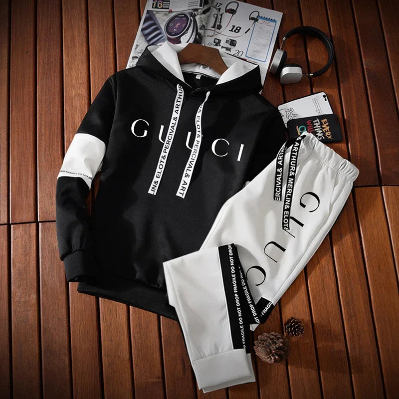 Chándal para hombre, Sudadera con capucha cálida + Pantalones de chándal, conjuntos de 2 uds., Top o pantalones blancos y negros de alta calidad para invierno, ropa informal para correr