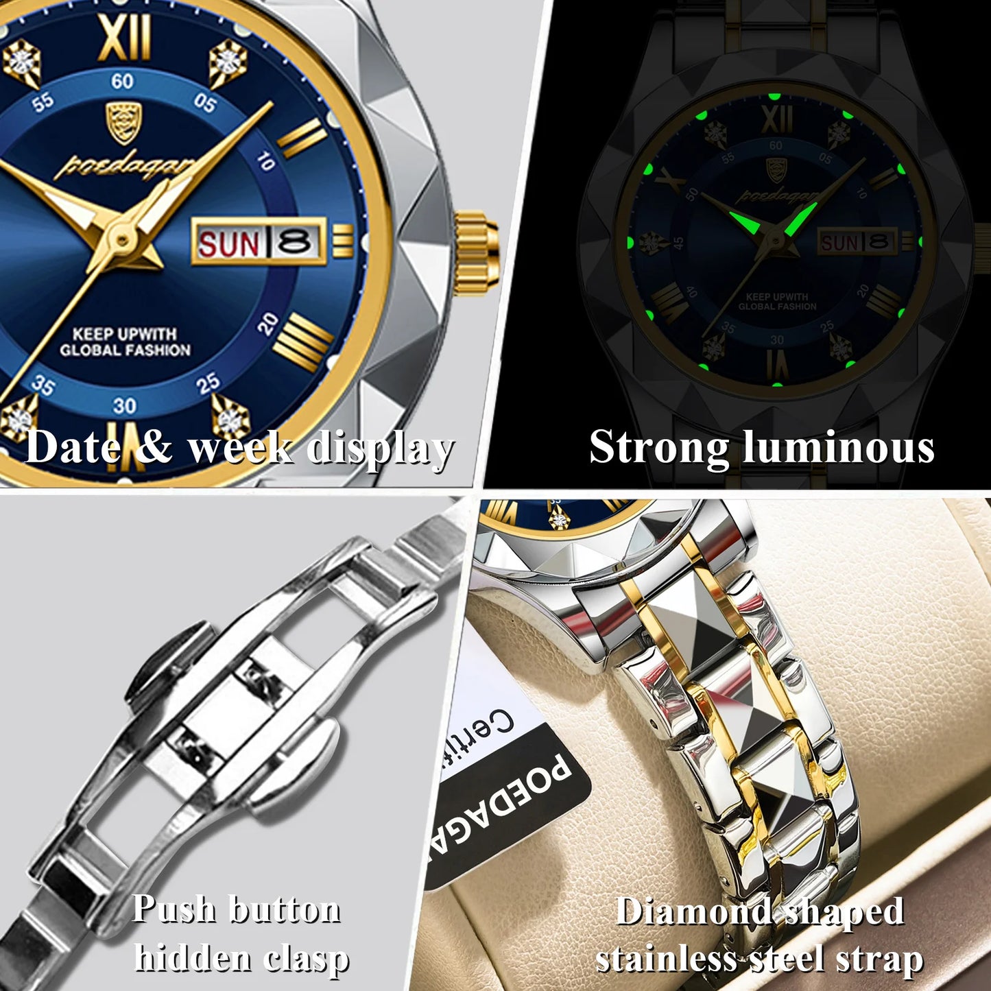 POEDAGAR, reloj de lujo para mujer, luminoso, resistente al agua, con fecha semanal, reloj de pulsera para mujer, relojes de cuarzo de acero inoxidable para mujer, reloj + caja