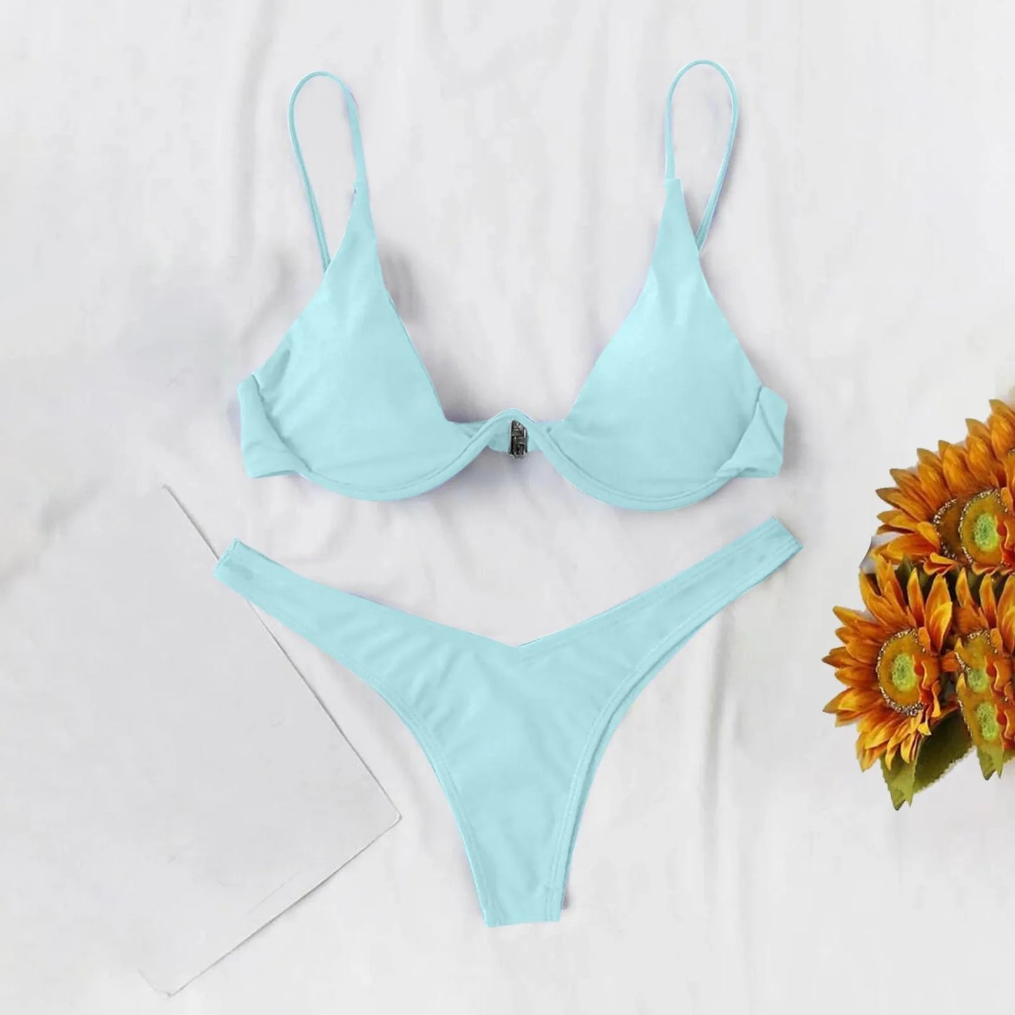 Bikini Sexy con aros para Mujer, traje de baño rojo liso con sujetador de realce, Tanga, traje de baño con cuello Halter y cuello de pico, Mini microtanga 2024