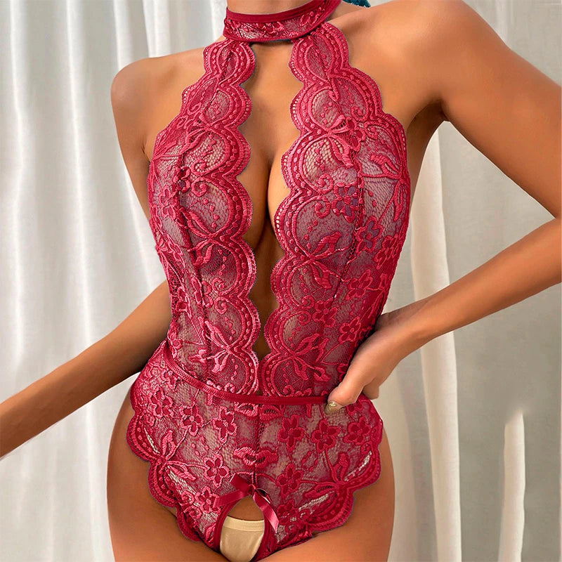 LencerÃa erótica para mujer, Body de peluche transparente de encaje, disfraz Porno para mujer, escote en V profundo, entrepierna abierta, muñeca bebé, falda Sexy, ropa interior