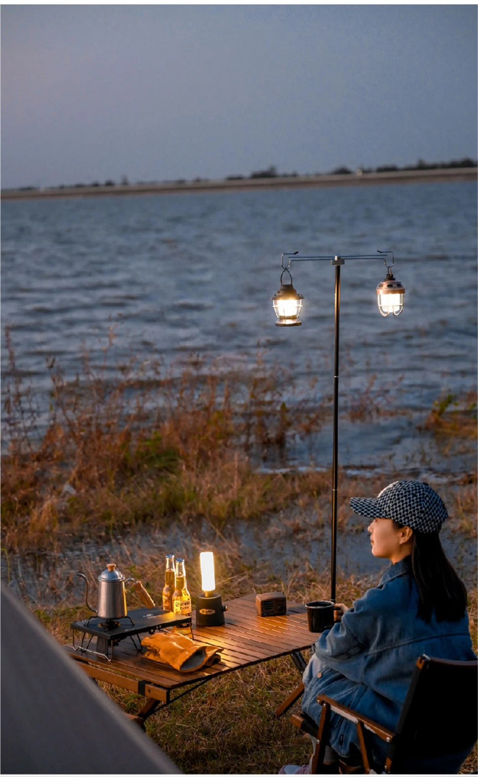 WESTTUNE-Soporte de lámpara de Camping con ganchos dobles, poste de lámpara plegable de aleación de aluminio, soporte de luz telescópico para exteriores, colgador de lámpara