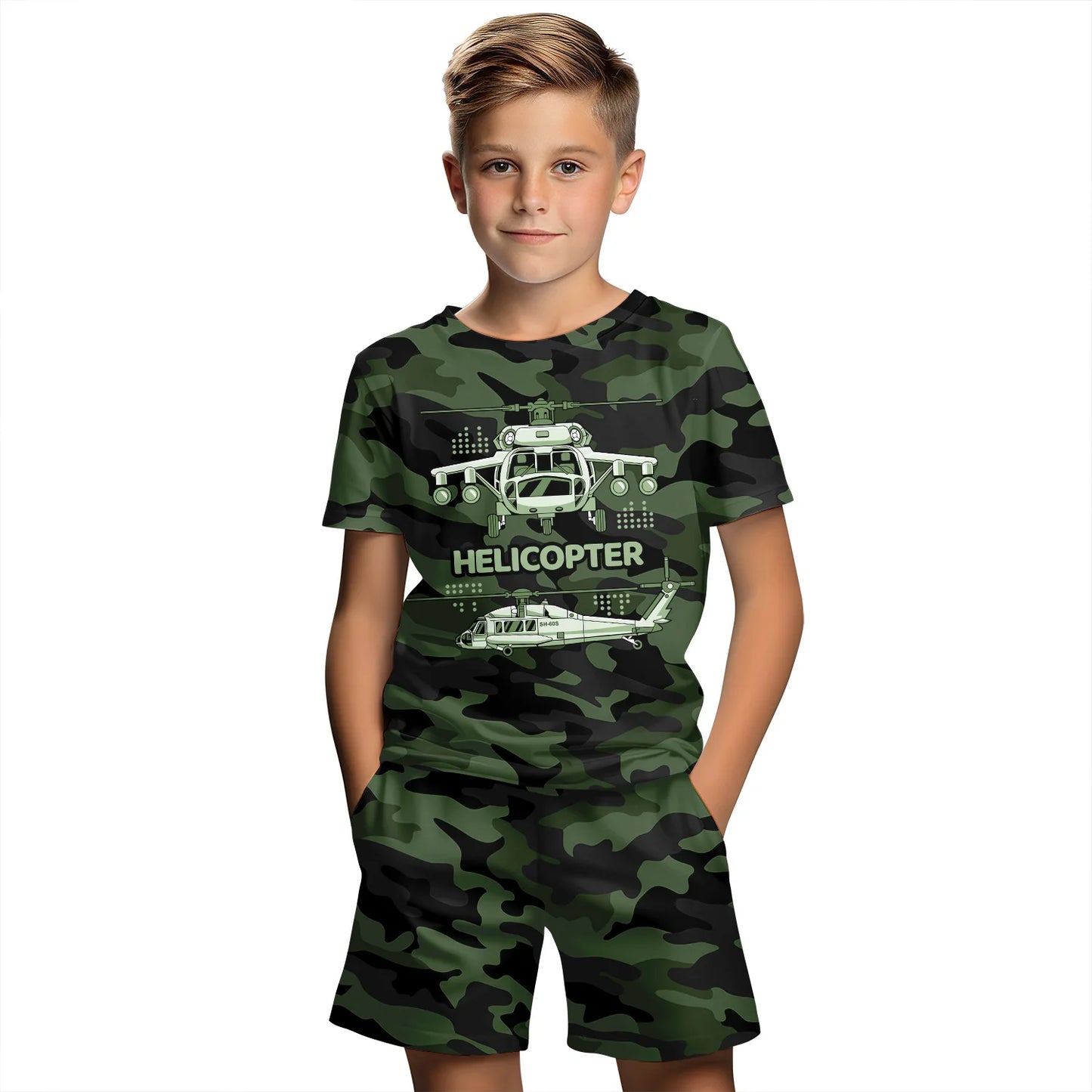 Traje de ropa para niños con estampado de camuflaje 3D, conjunto de camiseta de manga corta de verano, pantalones cortos, ropa para niño y niña, conjuntos para niños