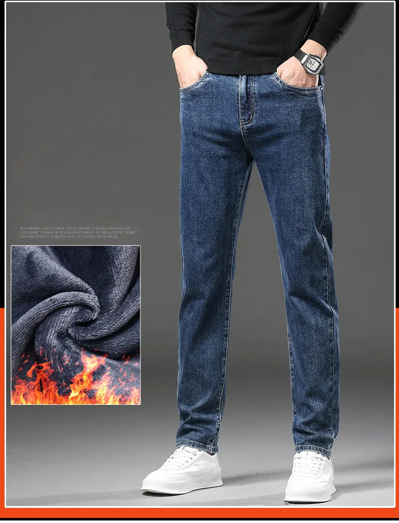 Pantalones vaqueros gruesos y cálidos de lana de invierno para hombre, pantalones vaqueros elásticos rectos ajustados, ropa informal para hombre, pantalones de felpa a la moda