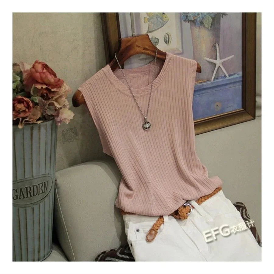 Blusa sin mangas de verano para mujer, blusa tejida con cuello redondo, camisa, ropa para mujer, Tops para mujer