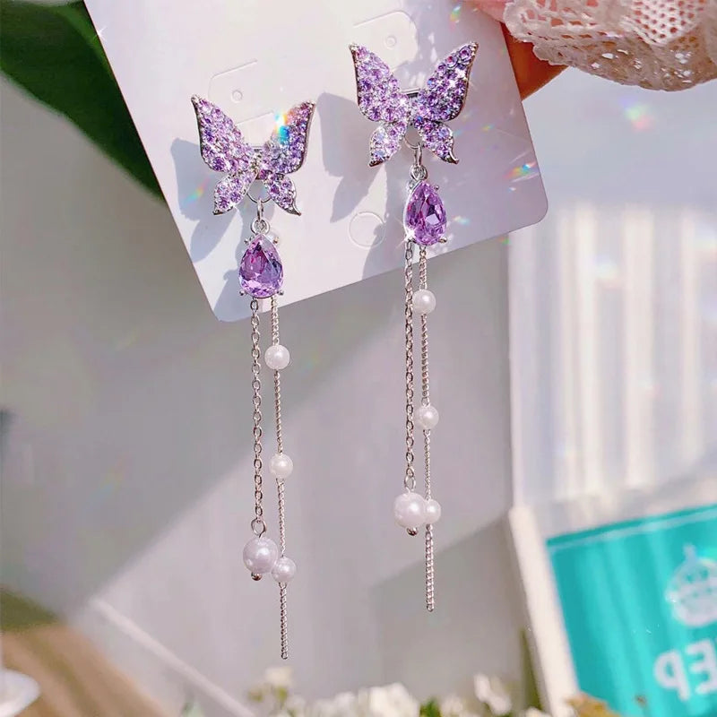 Pendientes de mariposa con borlas largas y perlas de cristal de circón para mujer, joyerÃa colgante de lujo, regalos, nuevo