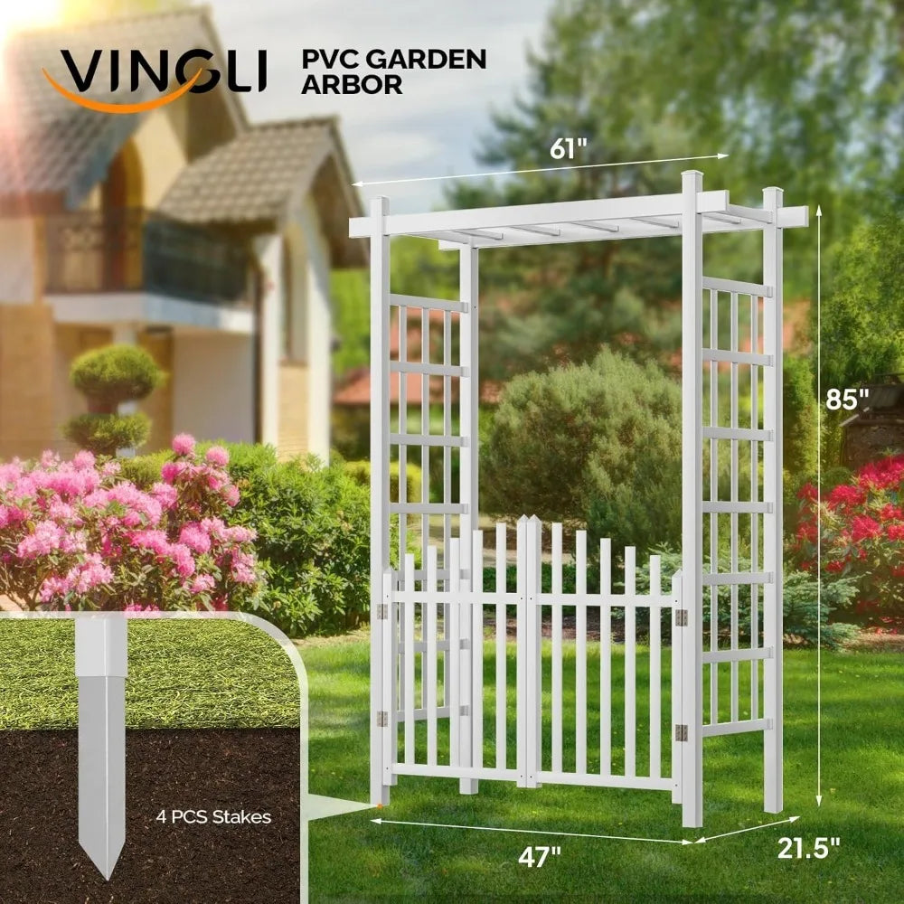 Caramanos de jardín con puerta, arco de boda de PVC para fiesta de ceremonia, enrejado de jardín para plantas trepadoras al aire libre, soporte de fondo de arco