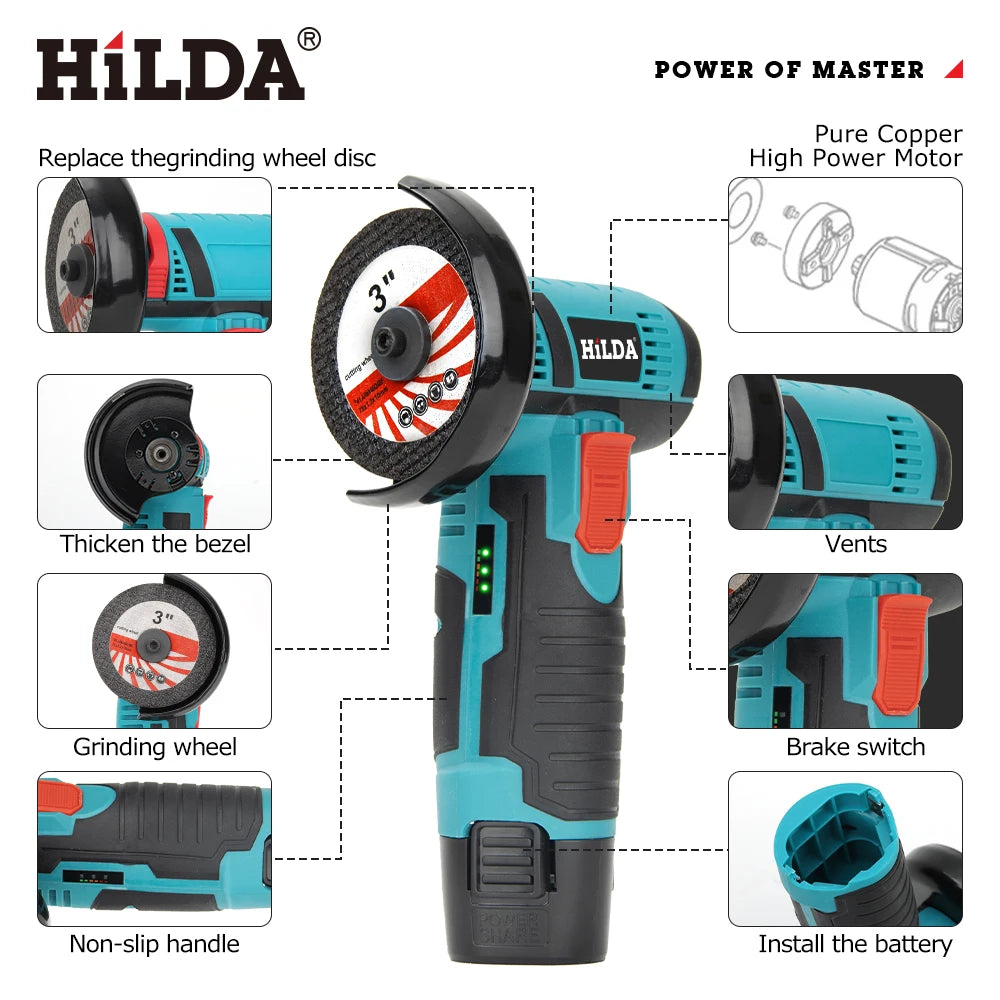 Mini amoladora angular recargable en miniatura HILDA de 12V con baterÃa, amoladora pulidora de hoja de corte para cortar diamante inalámbrico